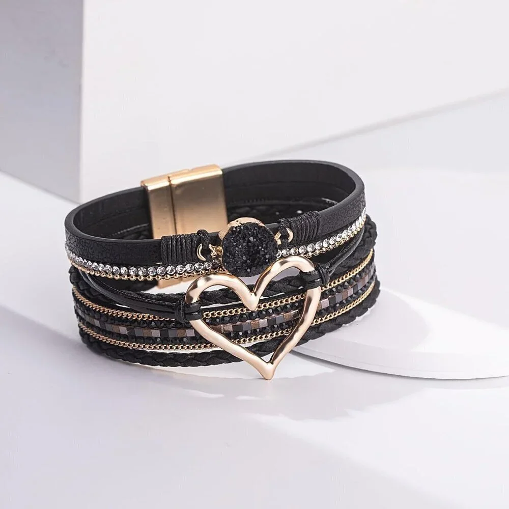 Leather Wrap Bracelet Faux Leather Boho Cuff Bangles Trendy Rhinestone